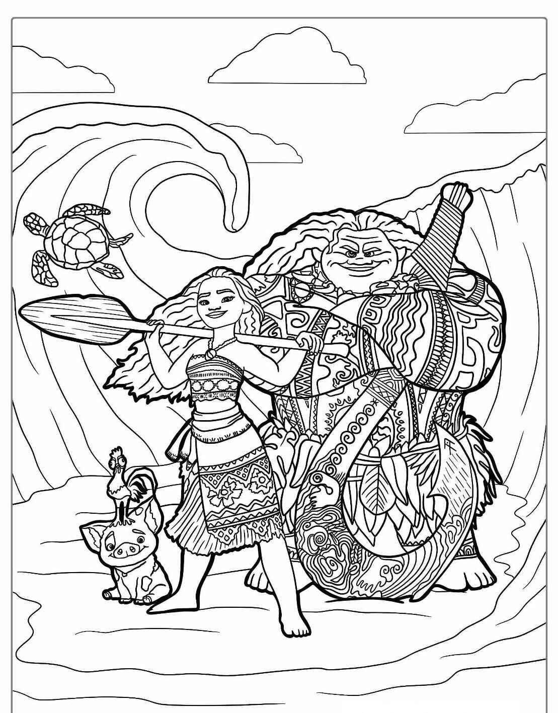 Desenho da Moana e Maui enfrentando uma onda para colorir