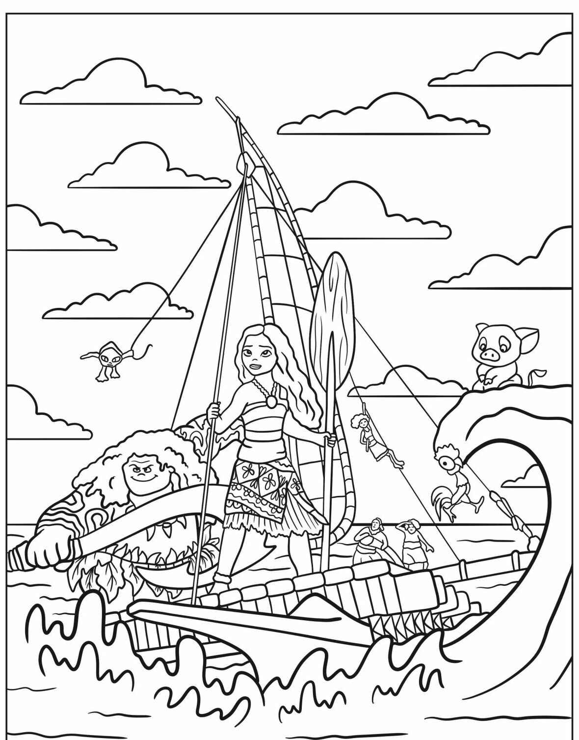 Desenho da Moana Navegando em um barco para colorir