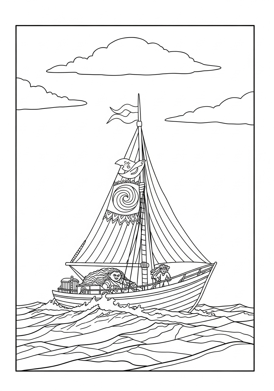 Desenho da Moana navegando em seu barco para colorir