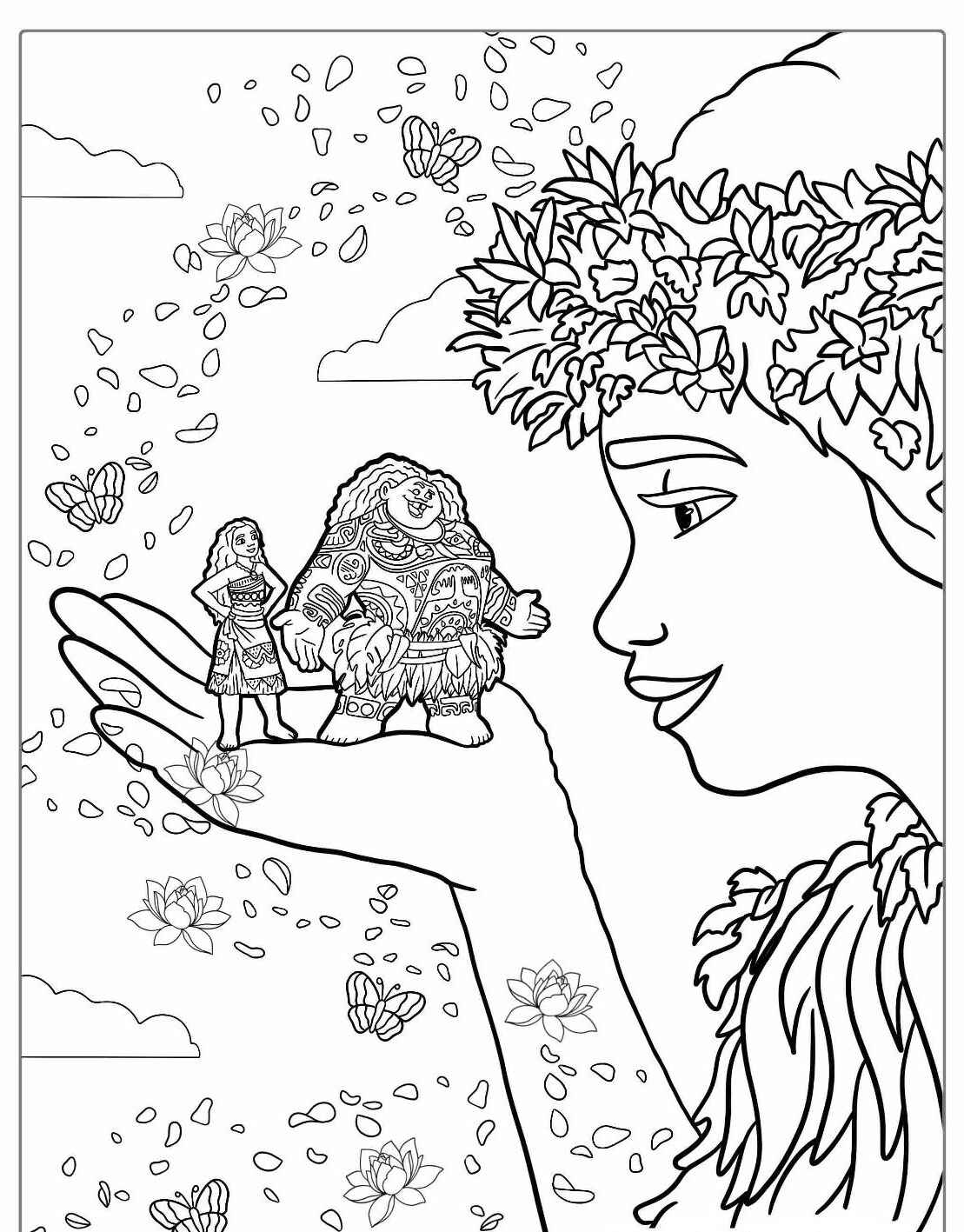 Desenho da Moana com Maui na palma da mão para colorir