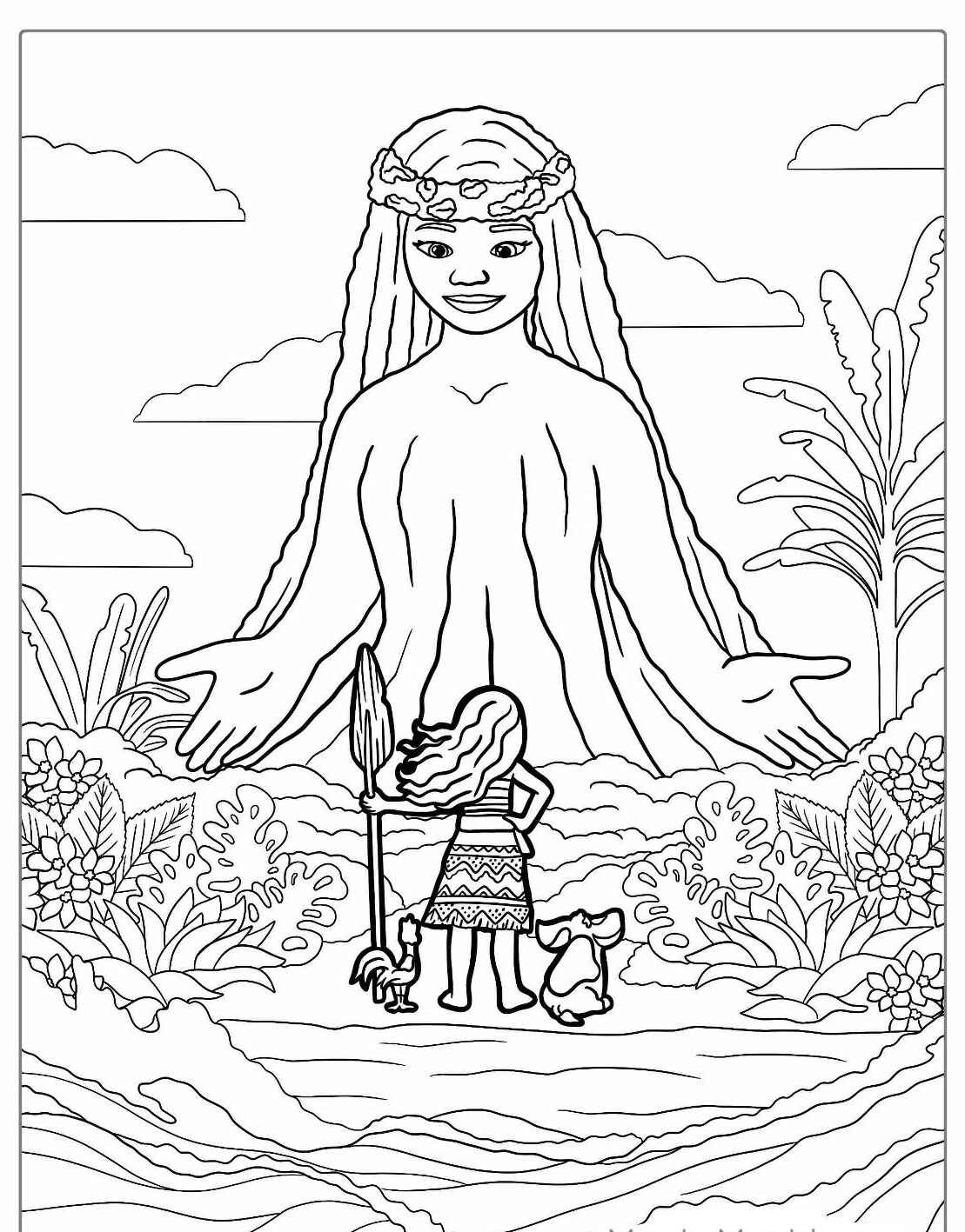 Desenho da Moana com a Deusa Te Fiti para colorir