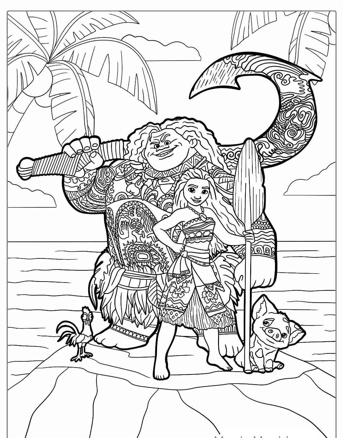Desenho da Moana com Maui e os animais para colorir