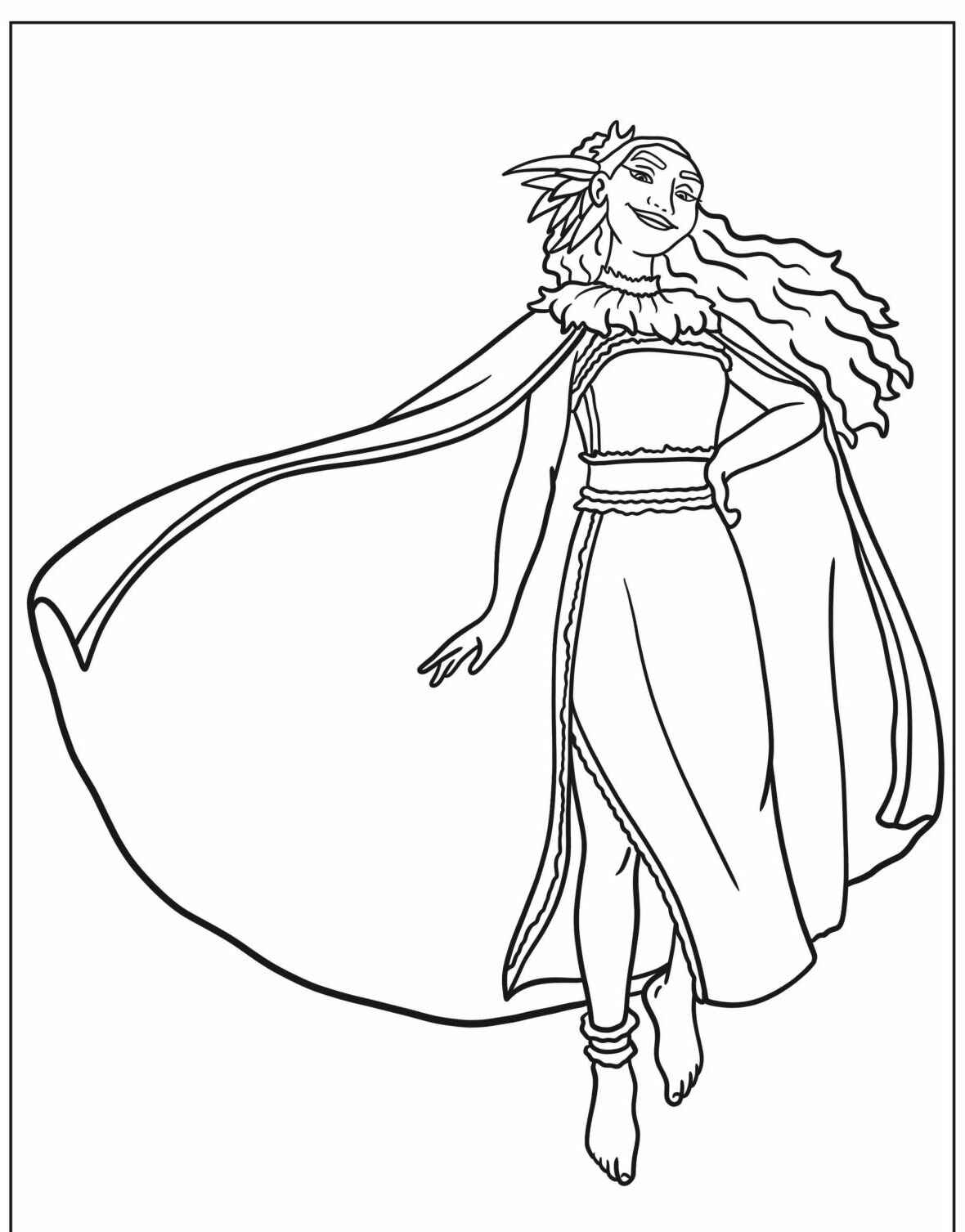Desenho da Moana com vestido fluído e cabelo ao vento para colorir