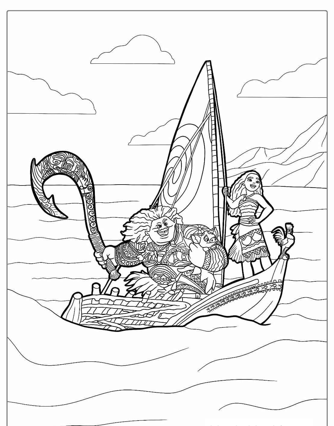Desenho da Moana e Maui Navegando no barco para colorir
