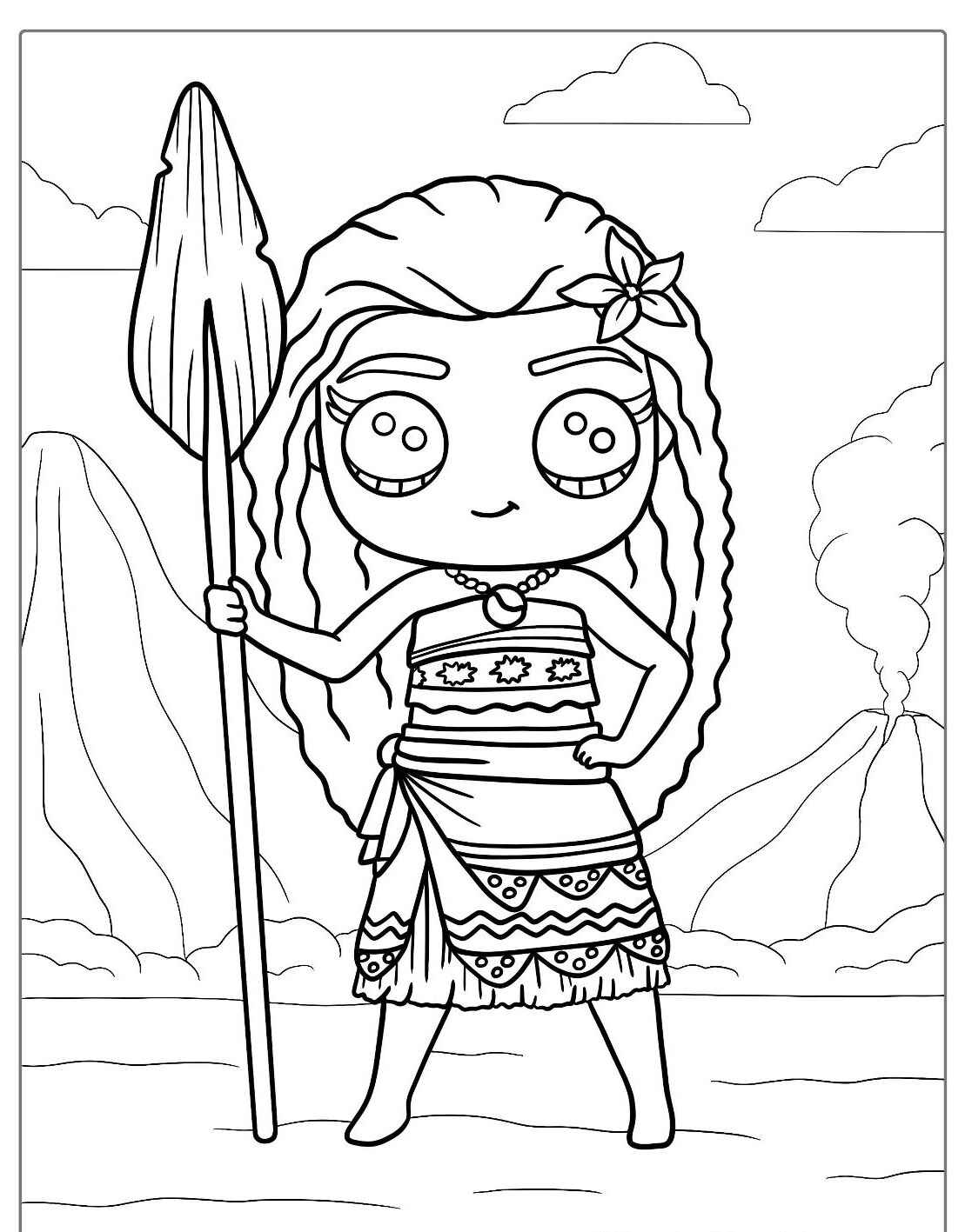 Desenho da Moana segurando um arpão para colorir