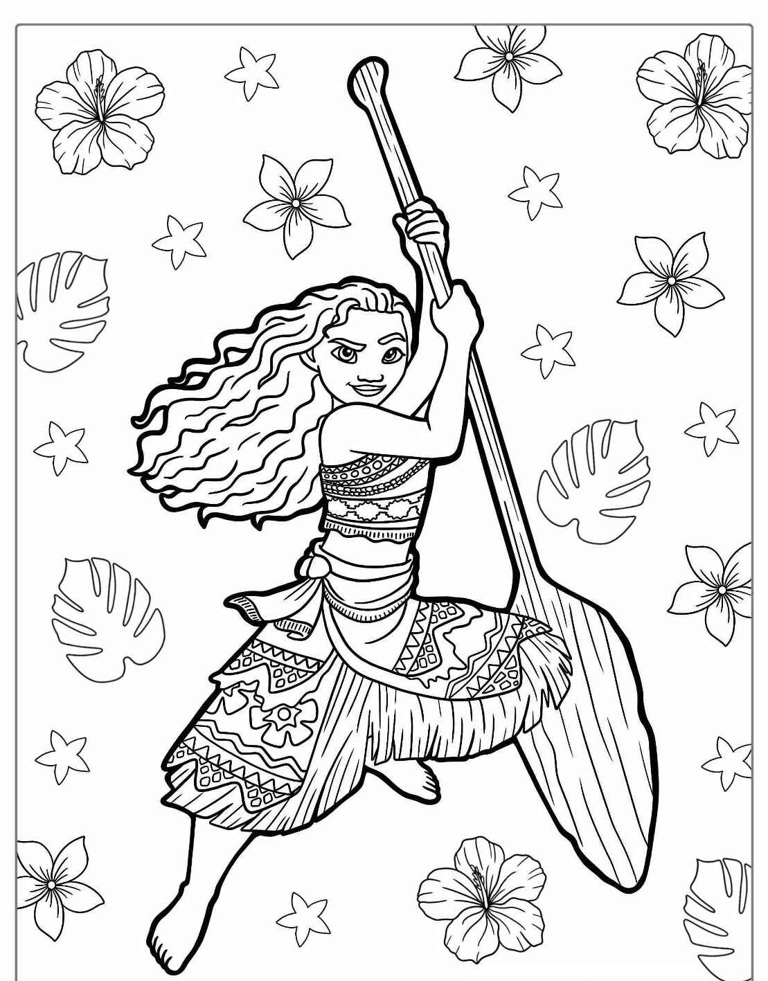 Desenho da Moana com remos e flores para colorir