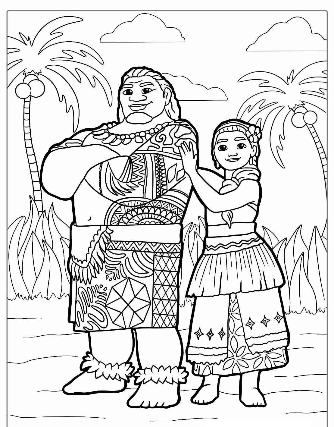 Desenho da Moana e Maui em um cenário tropical para colorir