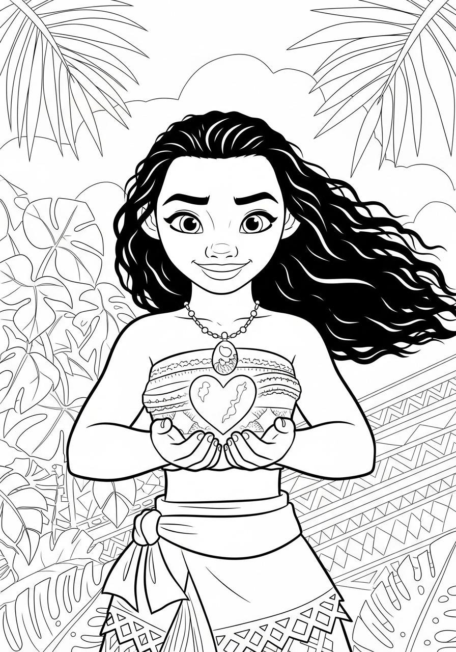 Desenho da Moana segurando um coração para colorir