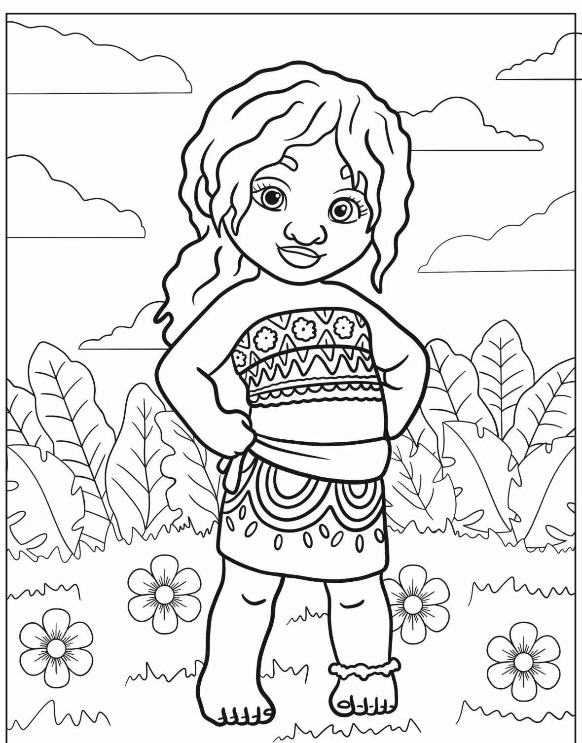 Desenho da Moana em pé sorrindo para colorir