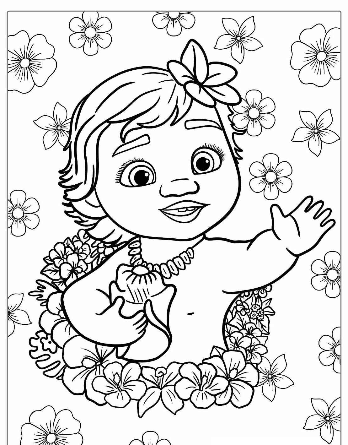 Desenho da Moana Acenando rodeada de flores para colorir