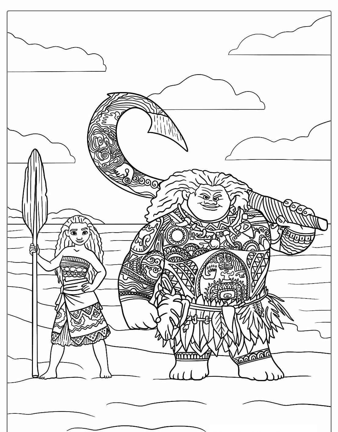 Desenho da Moana e Maui na praia para colorir
