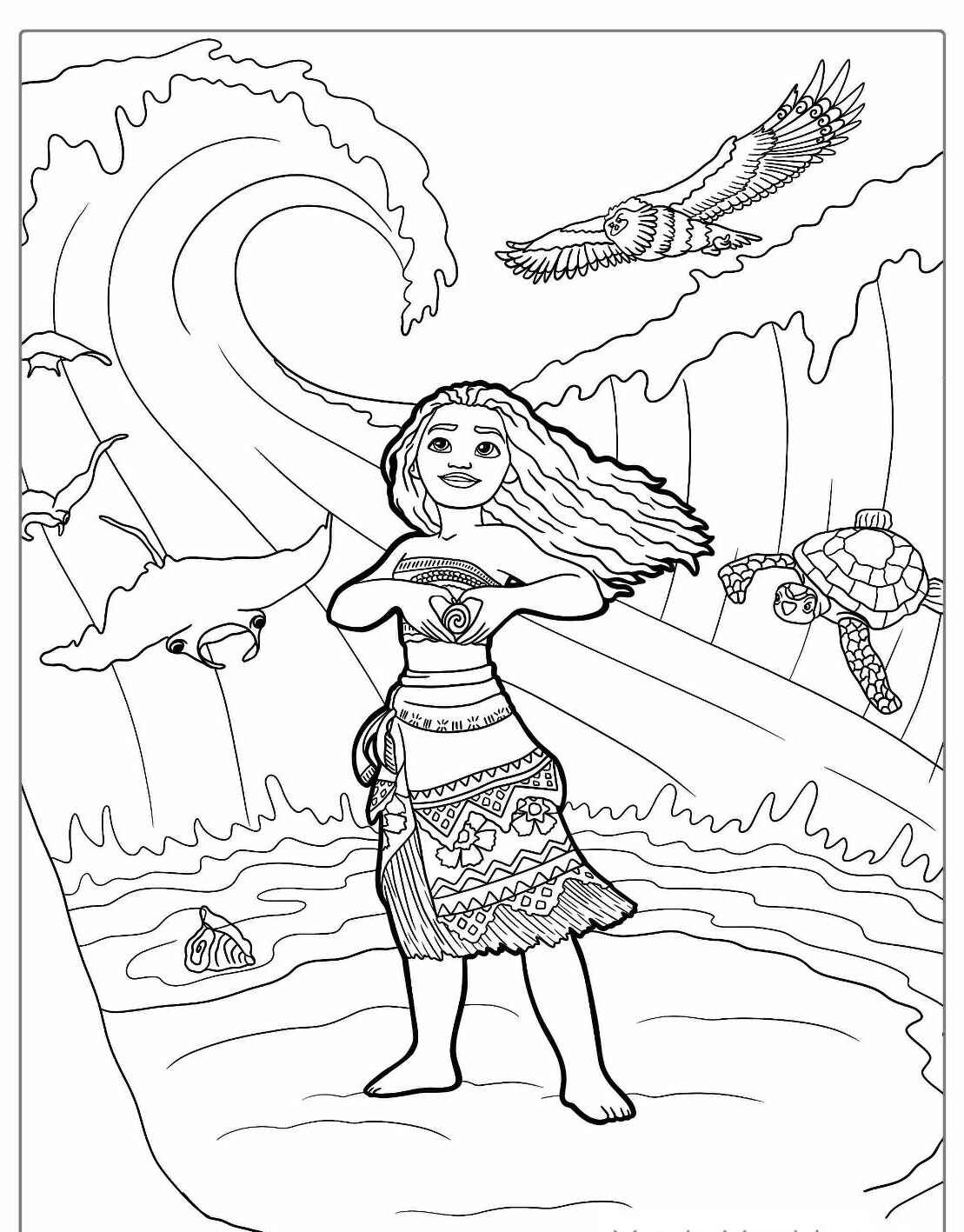 Desenho da Moana com o mar e animais para colorir