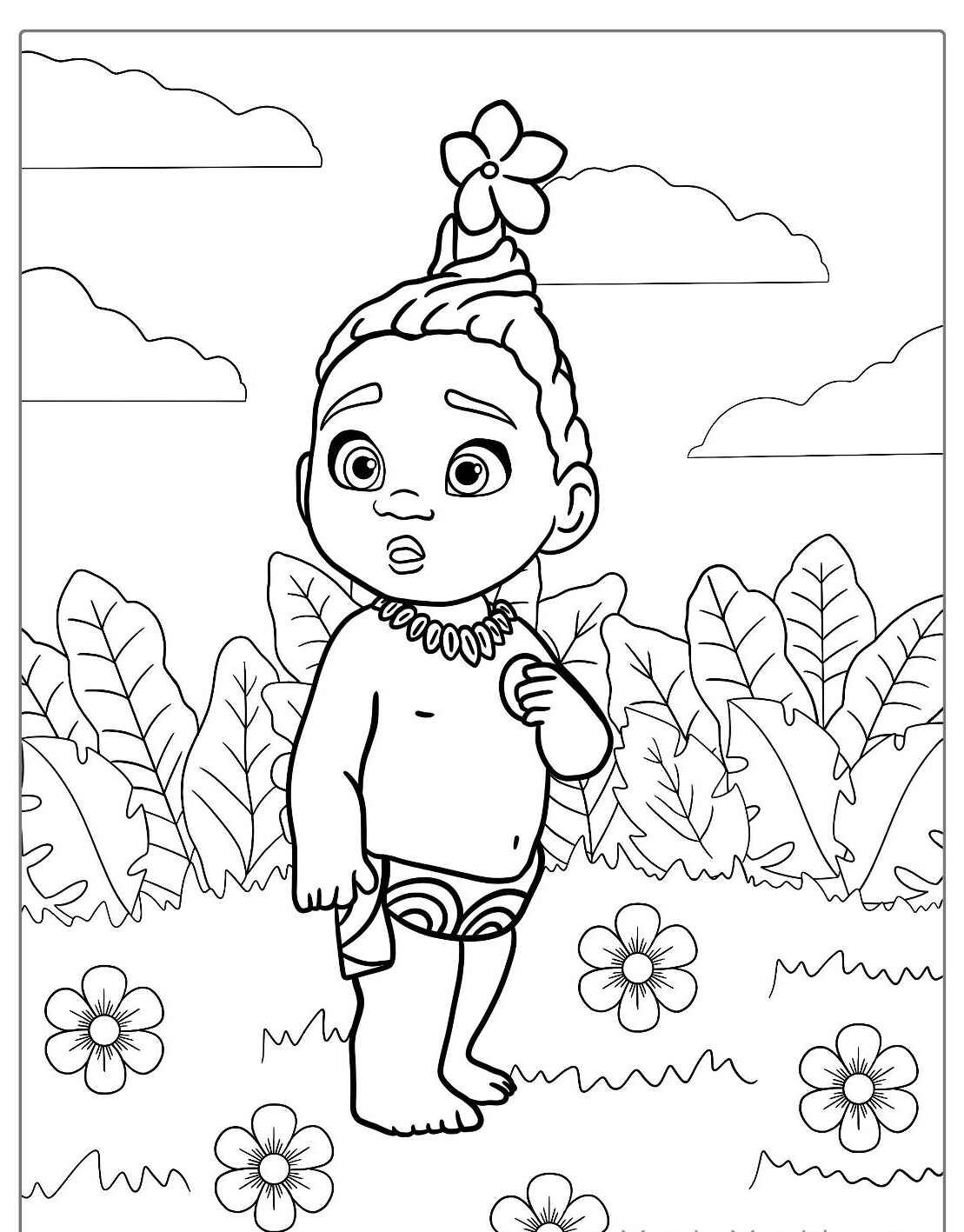 Desenho da Moana com flores na selva para colorir