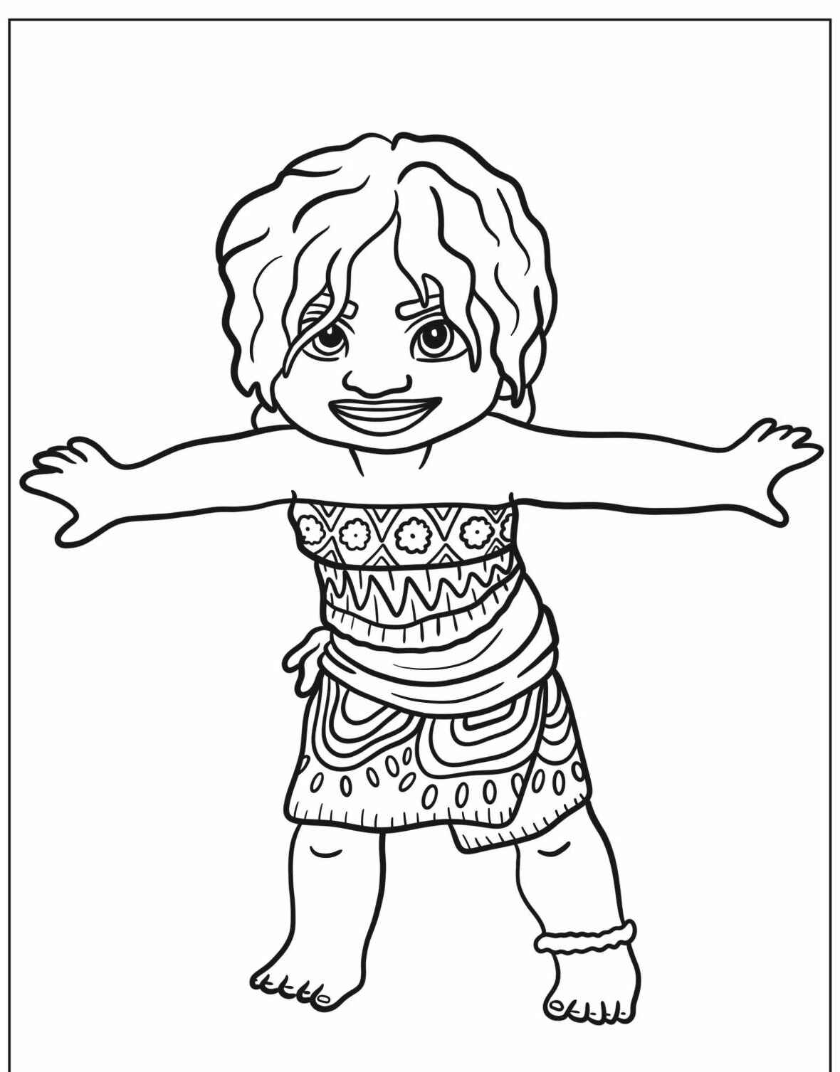 Desenho da Moana sorrindo e com braços abertos para colorir