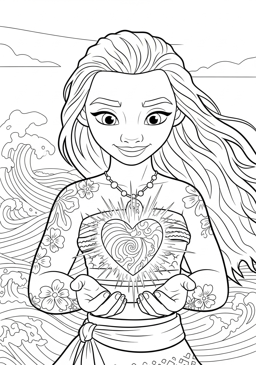 Desenho da Moana segurando o coração da Te Fiti para colorir