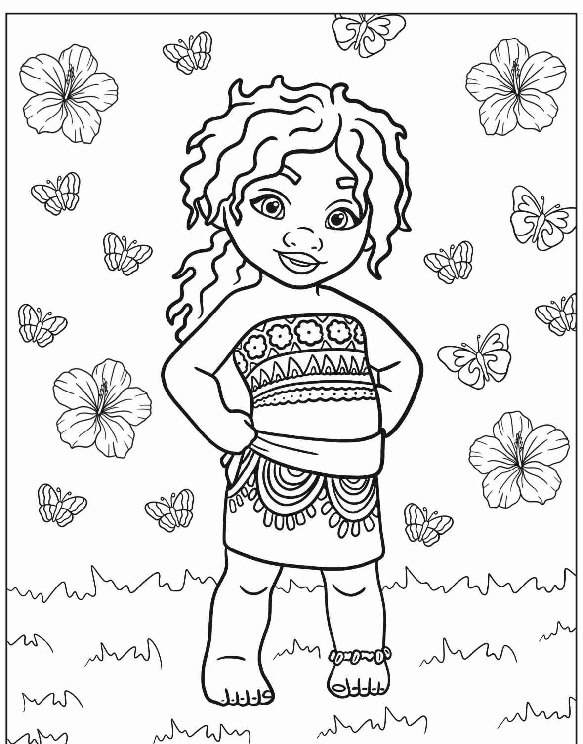 Desenho da Moana com flores para colorir