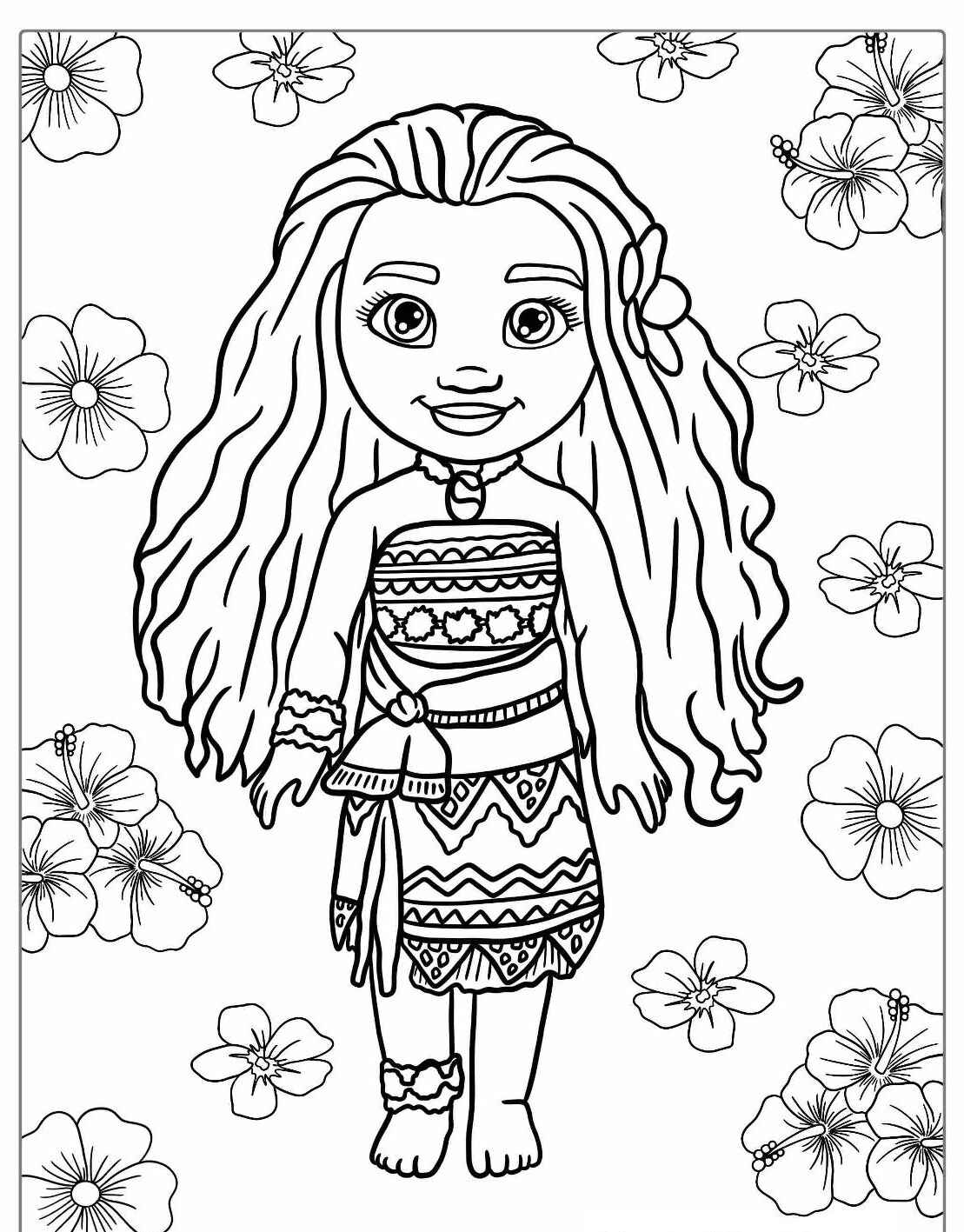 Desenho da Moana rodeada por flores para colorir