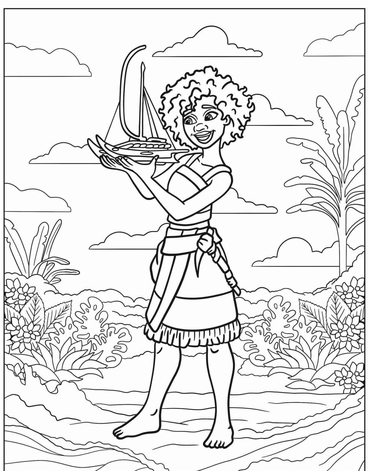 Desenho da Moana segurando um barco para colorir