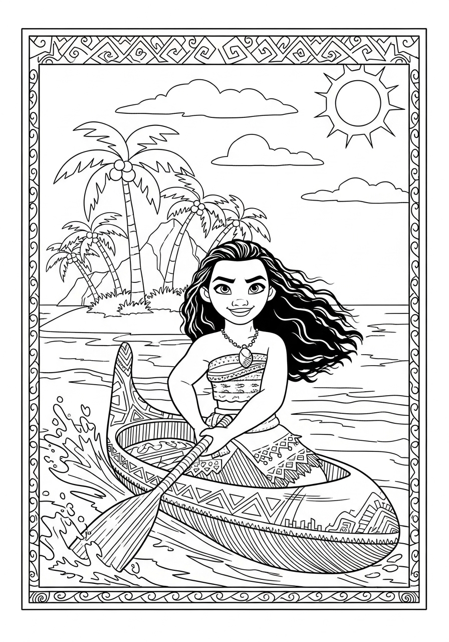 Desenho da Moana remando em seu barco para colorir