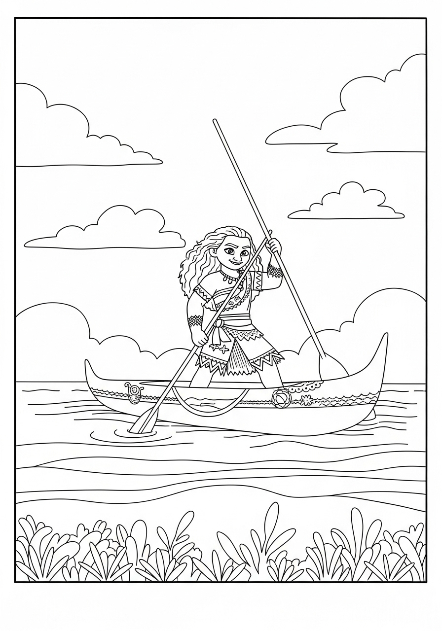 Desenho da Moana navegando em seu barco para colorir