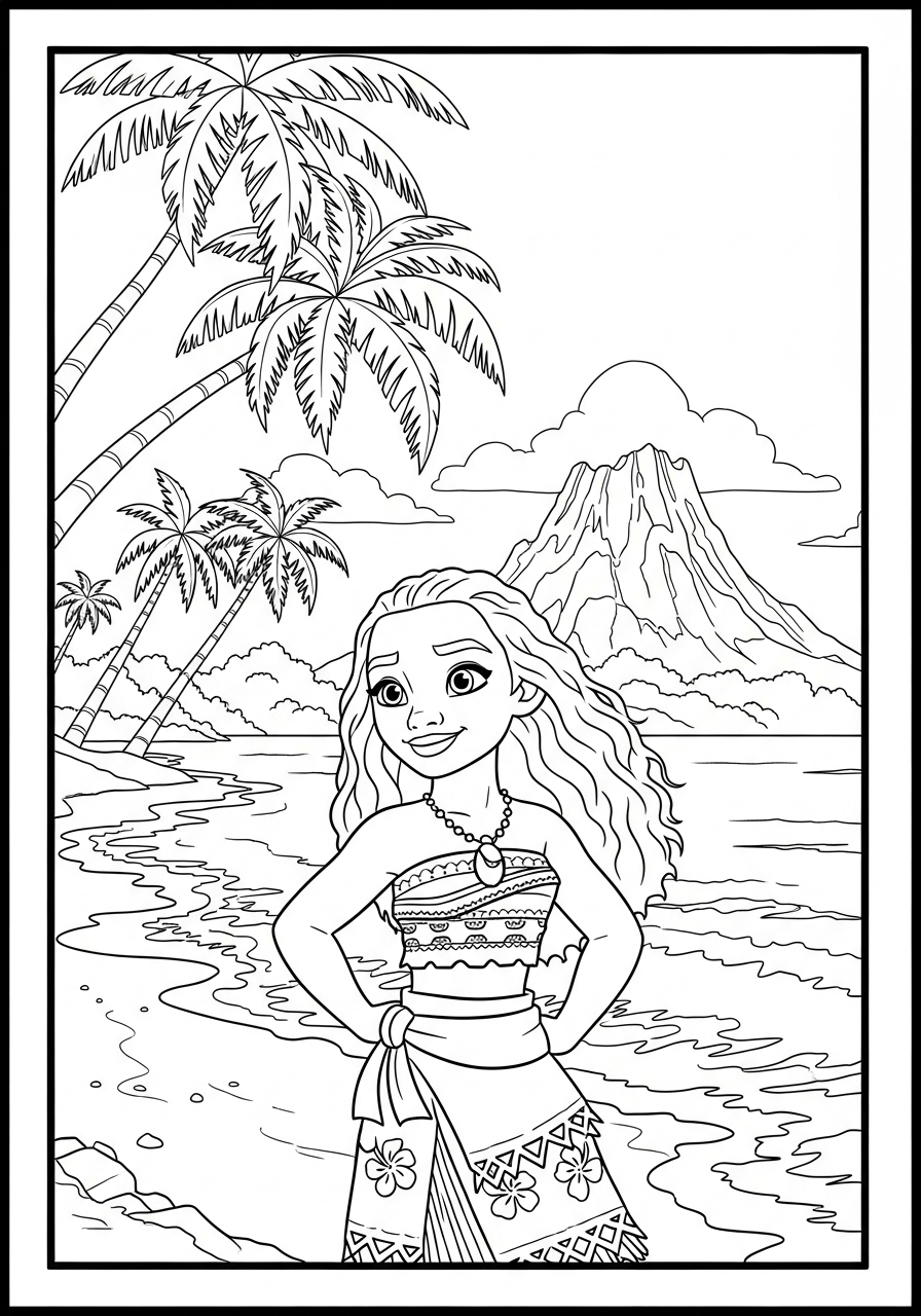Desenho da Moana em uma praia com palmeiras para colorir