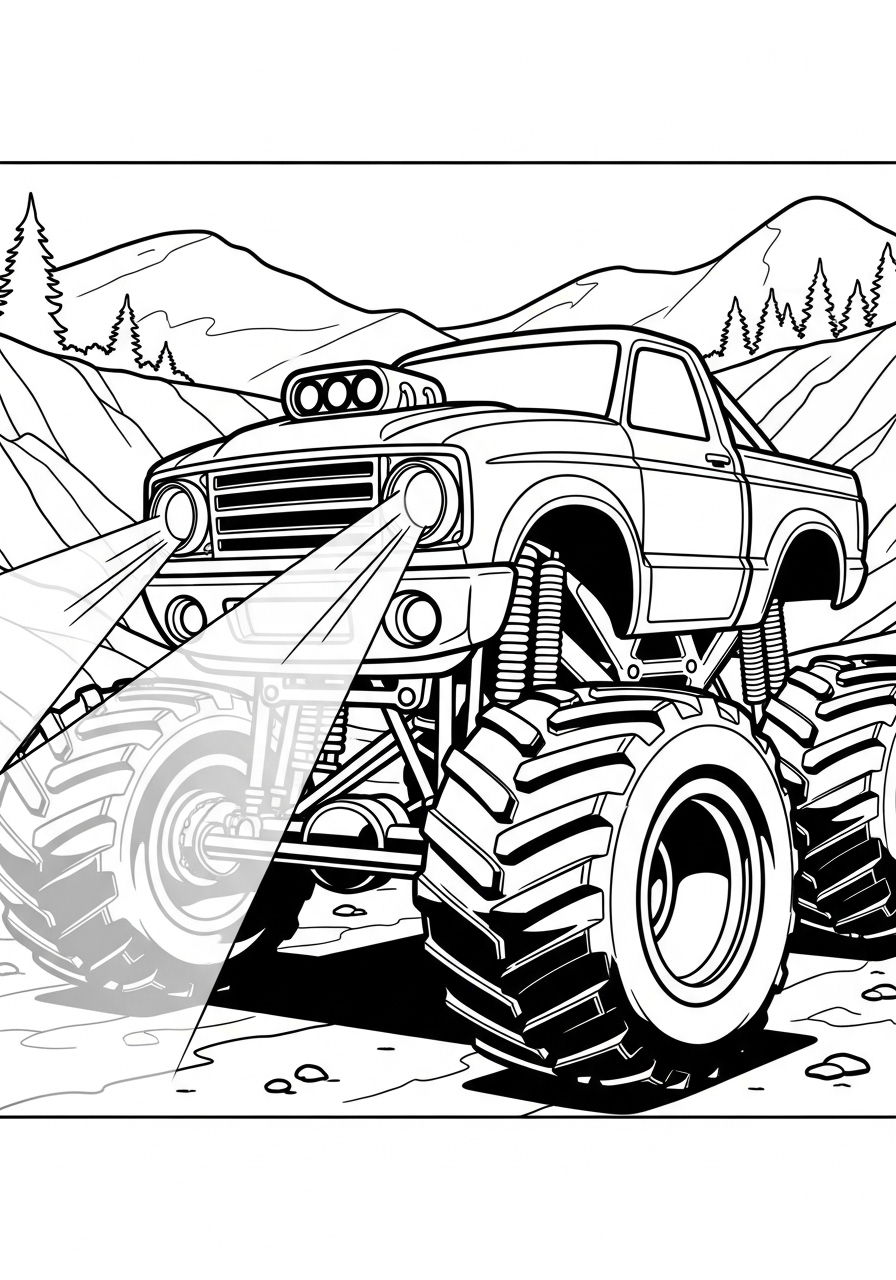 Desenho Monster Truck em área montanhosa para colorir