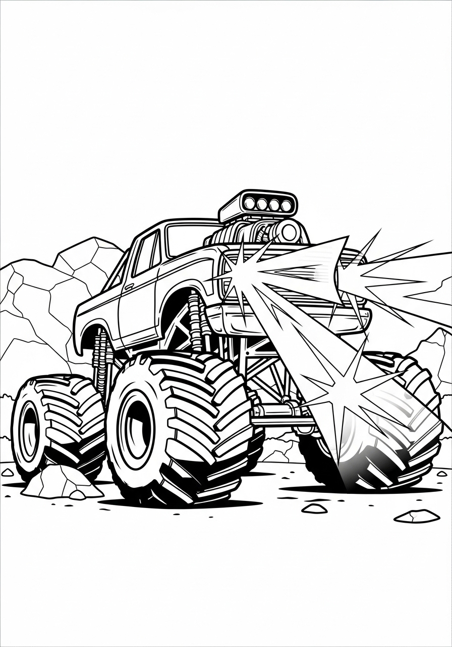 Desenho Monster Truck fumando entre pedras para colorir