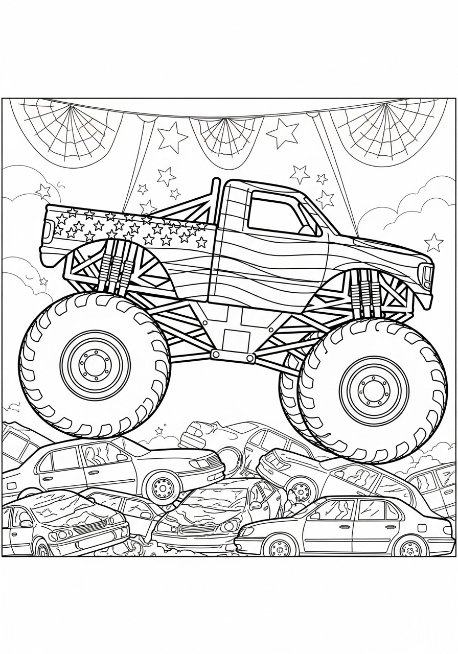 Desenho Monster Truck saltando sobre carros para colorir