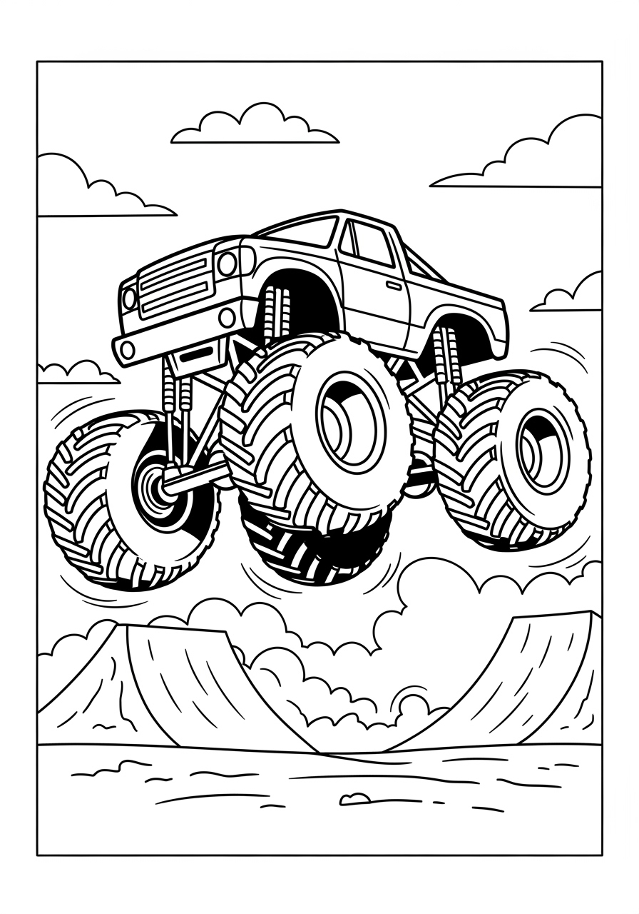 Desenho Monster Truck saltando sobre montanhas para colorir