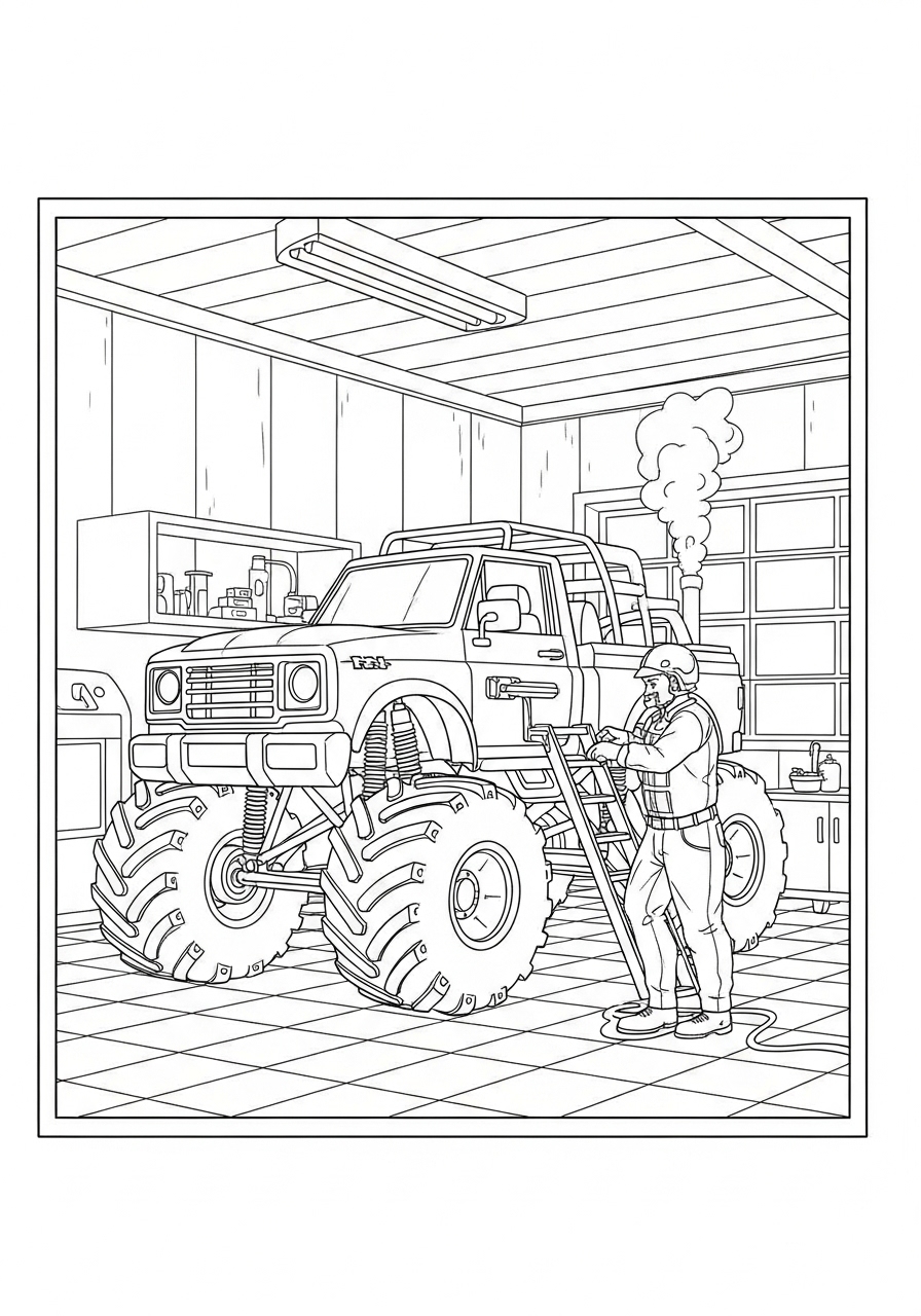 Desenho Monster Truck em oficina com mecânico para colorir