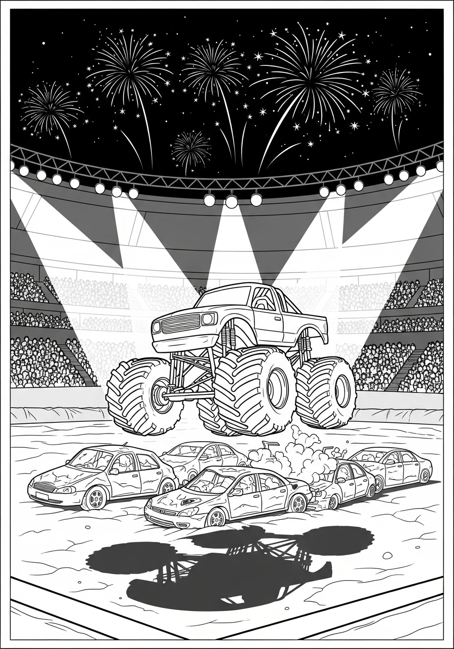 Desenho Monster Truck saltando sobre carros para colorir