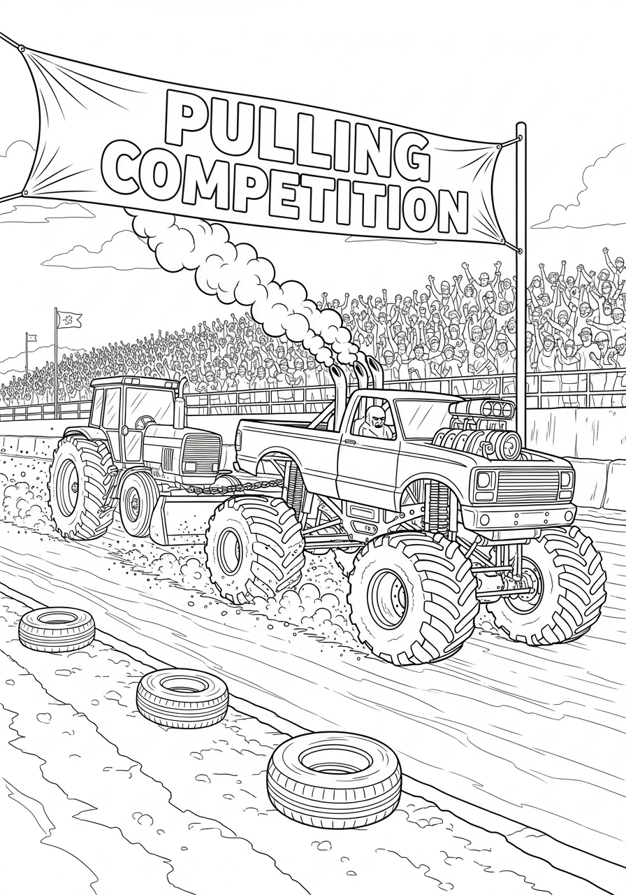 Desenho Monster Truck em competição puxando um trator