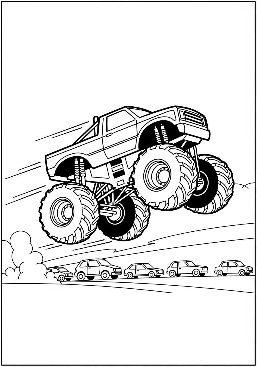 Desenho Monster Truck em ação pulando sobre carros