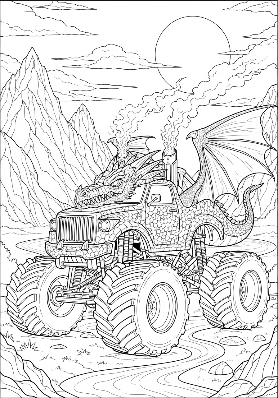 Desenho Monster Truck dragão com montanhas para colorir