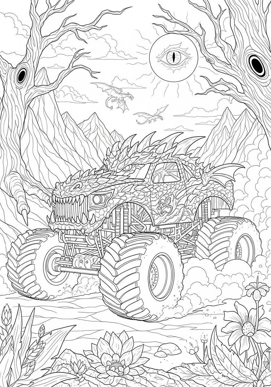 Desenho Monster Truck com detalhes de natureza para colorir