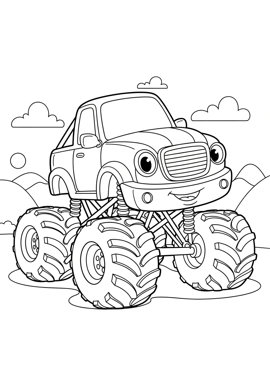 Desenho Monster Truck fofo com pneus grandes para colorir