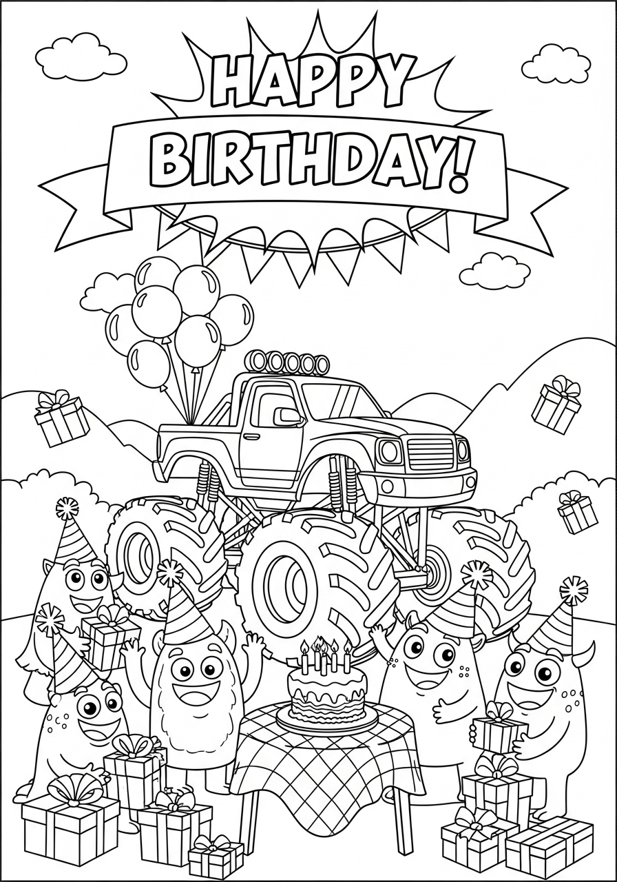 Desenho Monster Truck com balões e aniversários para colorir