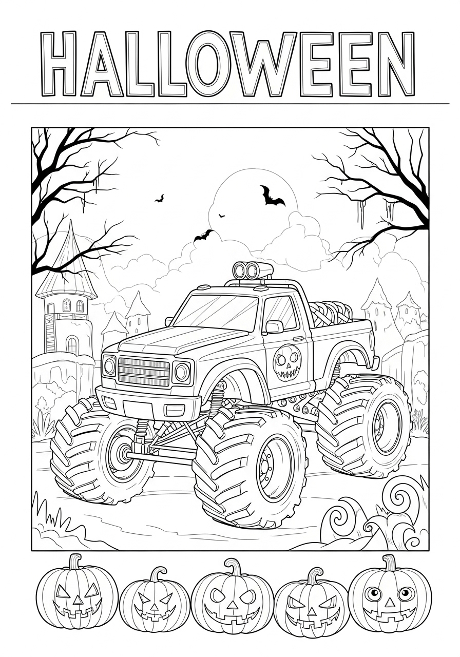 Desenho Monster Truck de Halloween com abóboras para colorir