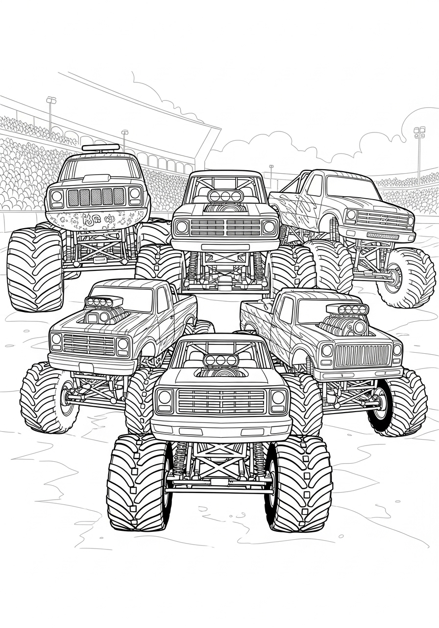 Desenho Monster Truck com seis caminhões para colorir