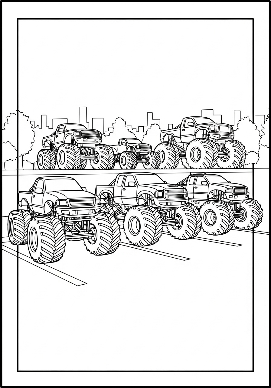 Desenho Monster Trucks estacionados prontos para colorir
