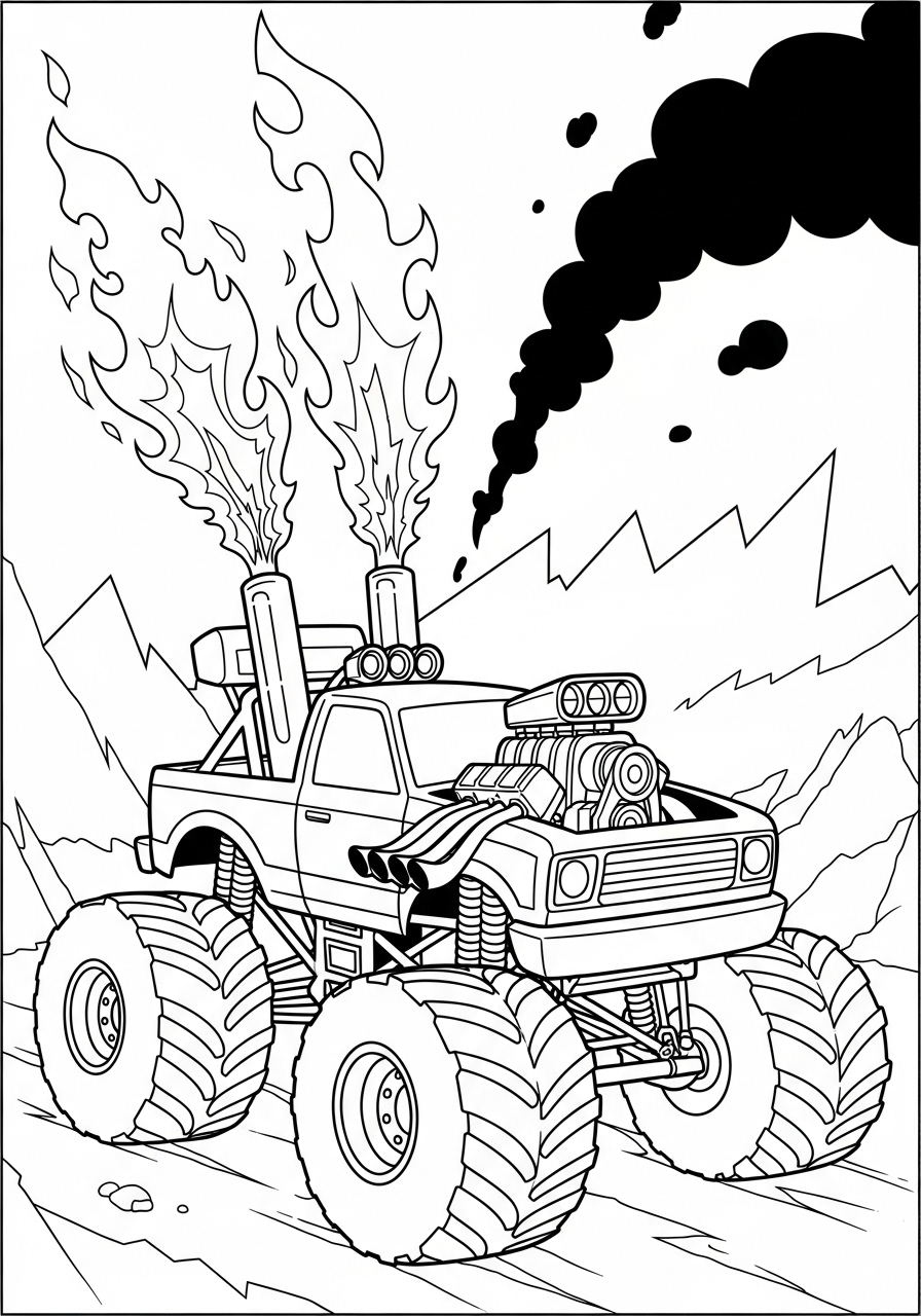 Desenho Monster Truck com chamas e montanhas para colorir