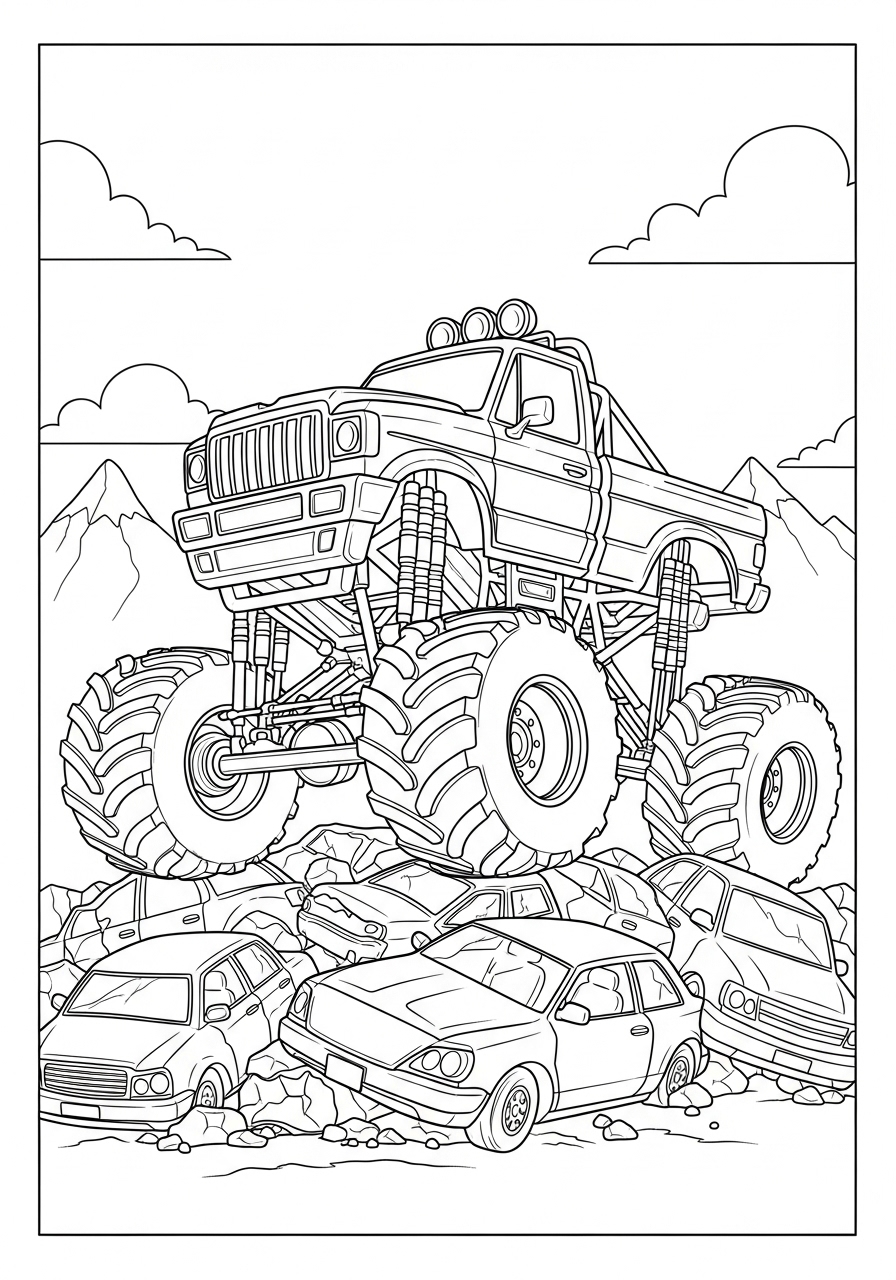Desenho Monster Truck em cima de carros para colorir