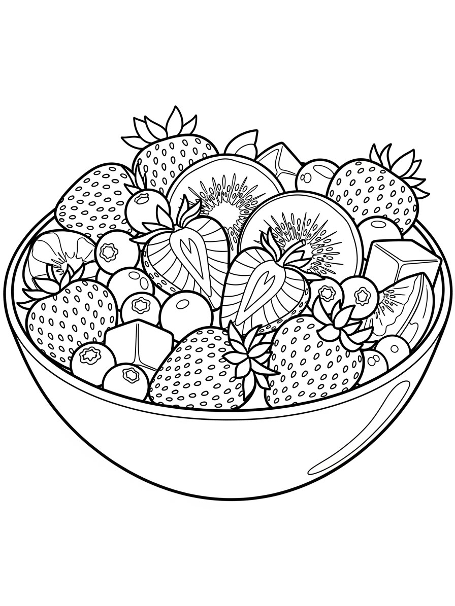 Desenho de Morangos e frutas em uma tigela para colorir