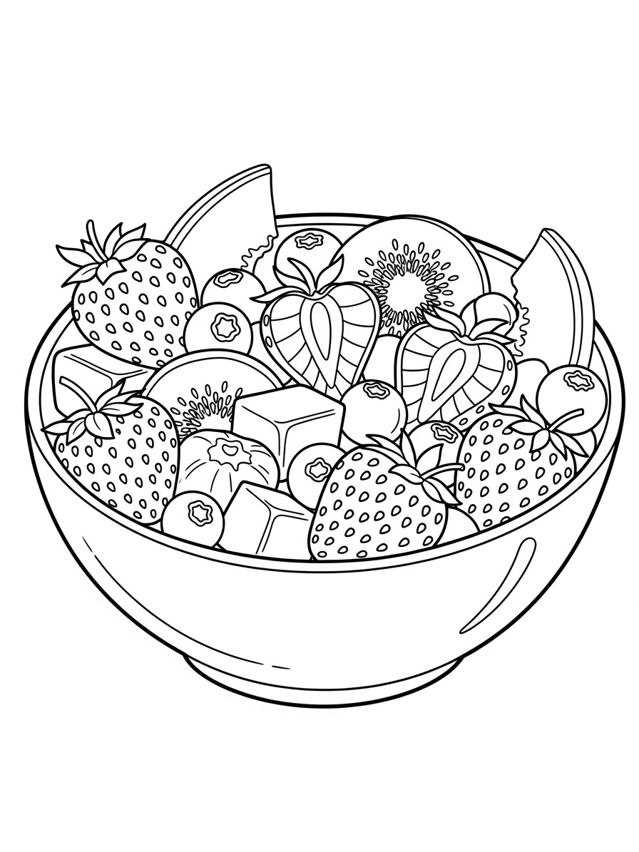 Desenho de Morango em tigela com outras frutas para colorir