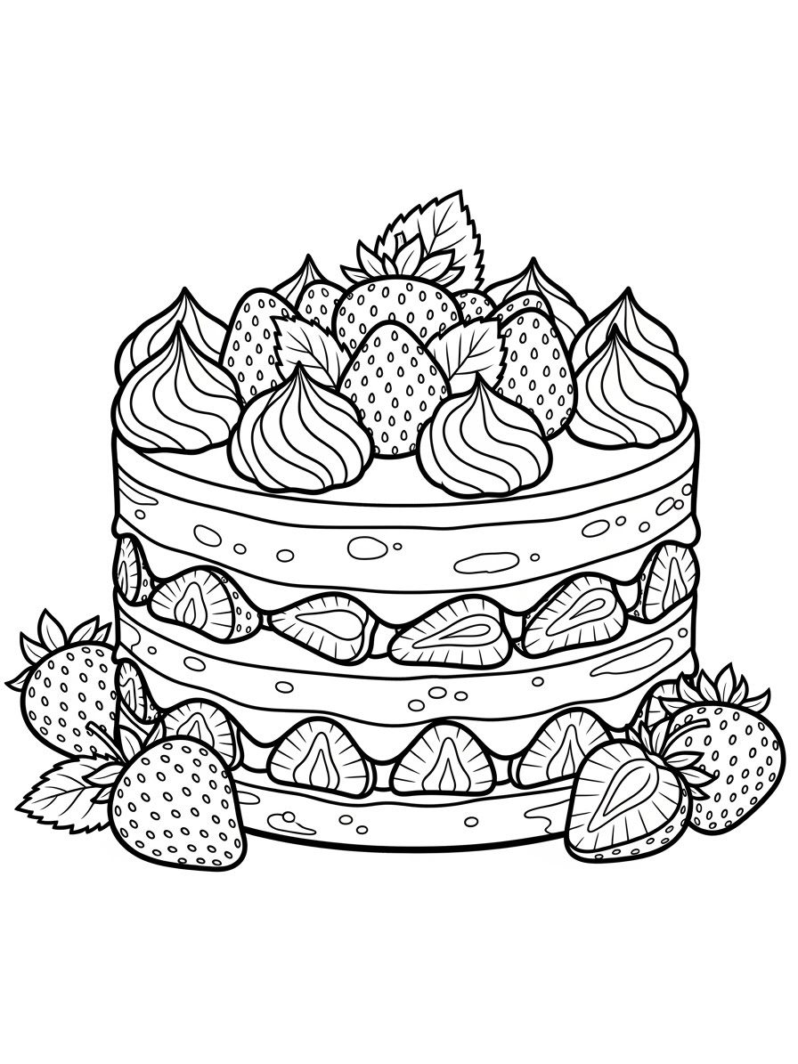 Desenho de Bolo com Morangos detalhado para colorir