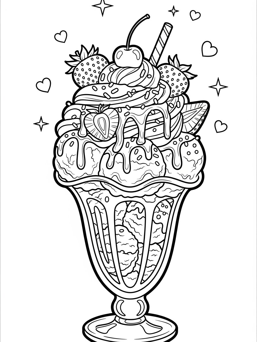 Desenho de Sundae com morangos e cereja para colorir