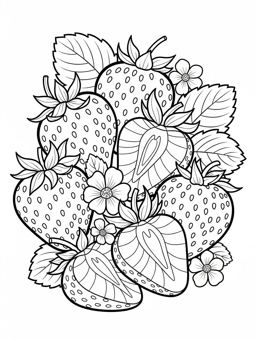 Desenho de Morangos fartos e flores para colorir