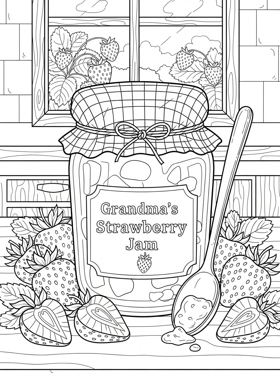 Desenho de Morango em pote de geleia para colorir