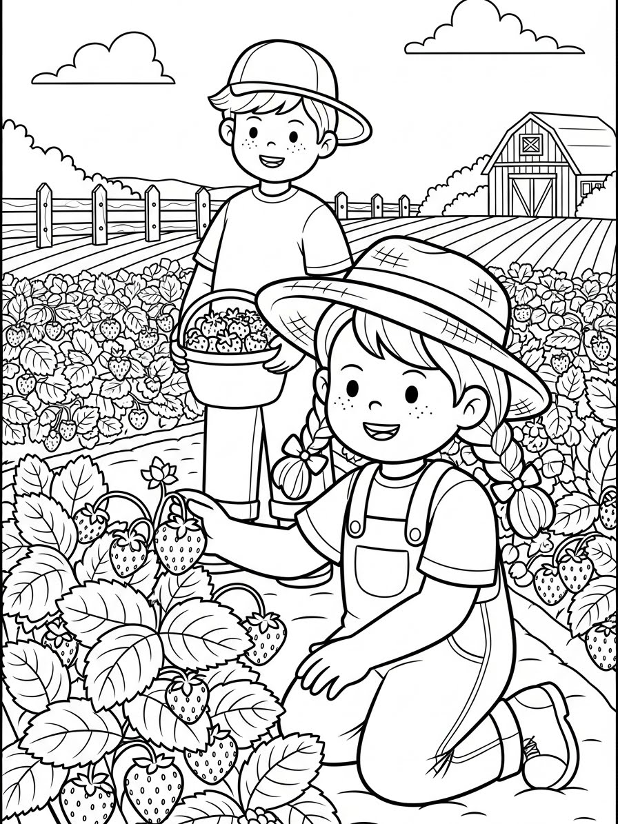 Desenho de Morango com crianças na plantação para colorir