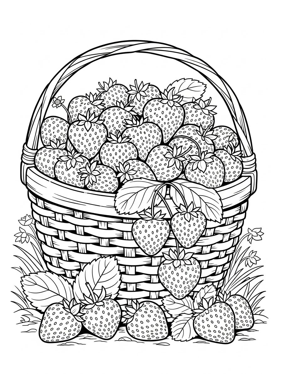 Desenho de Morangos em cesta para colorir